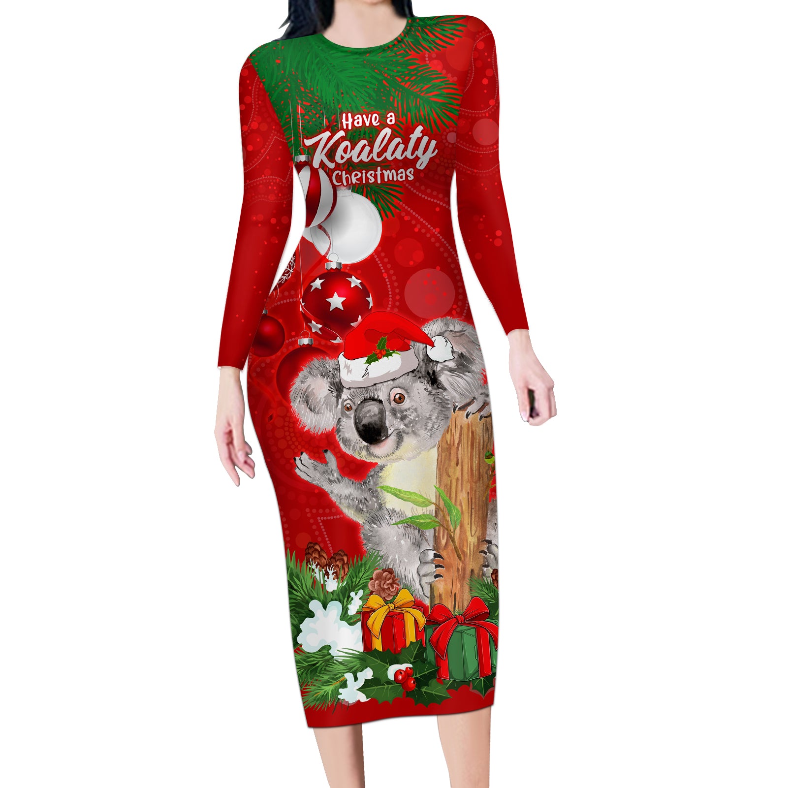 personalised-koala-lover-long-sleeve-bodycon-dress-australia-koalaty-merry-christmas-aboriginal