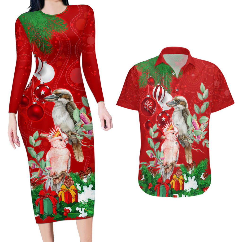 kookaburra-lover-couples-matching-long-sleeve-bodycon-dress-and-hawaiian-shirt-australia-koalaty-merry-christmas-aboriginal
