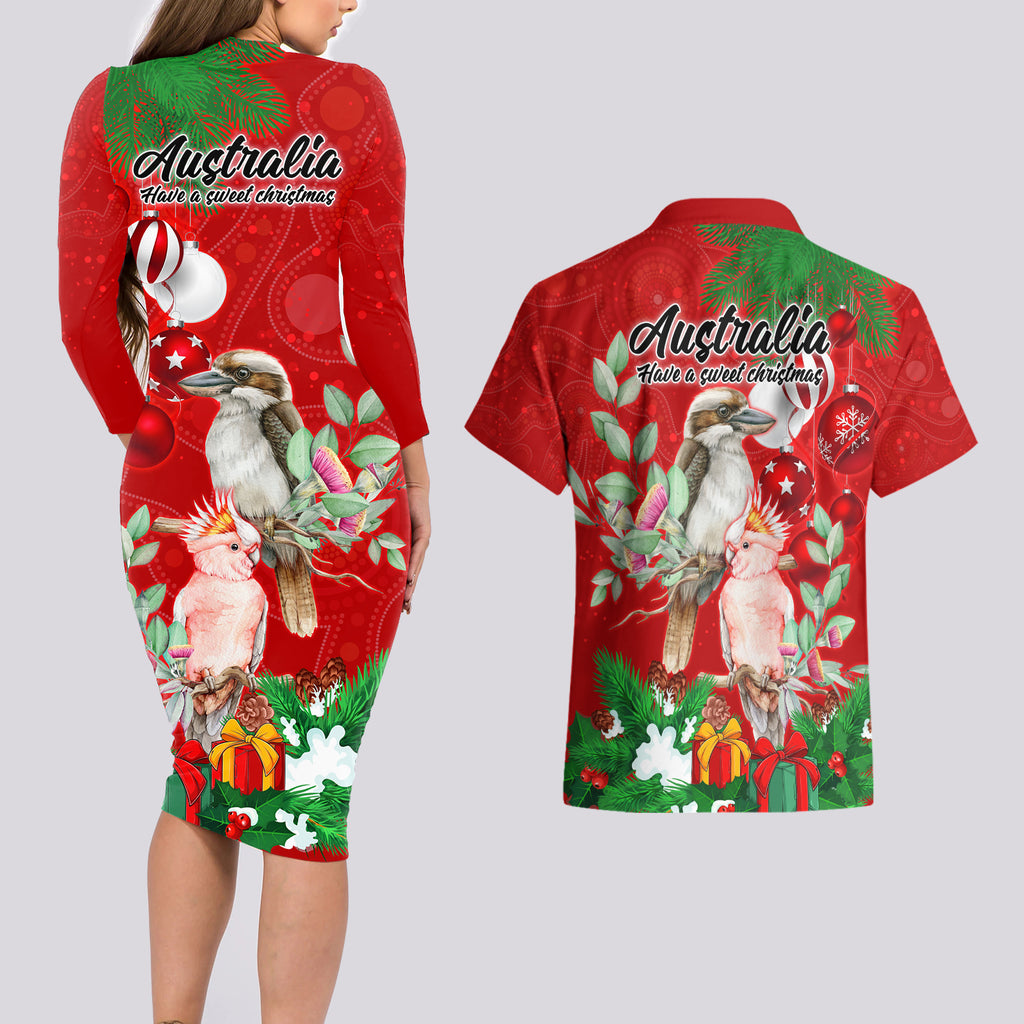 kookaburra-lover-couples-matching-long-sleeve-bodycon-dress-and-hawaiian-shirt-australia-koalaty-merry-christmas-aboriginal