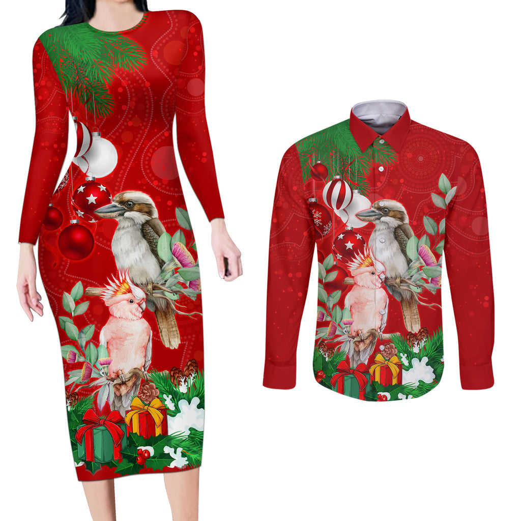 kookaburra-lover-couples-matching-long-sleeve-bodycon-dress-and-long-sleeve-button-shirt-australia-koalaty-merry-christmas-aboriginal
