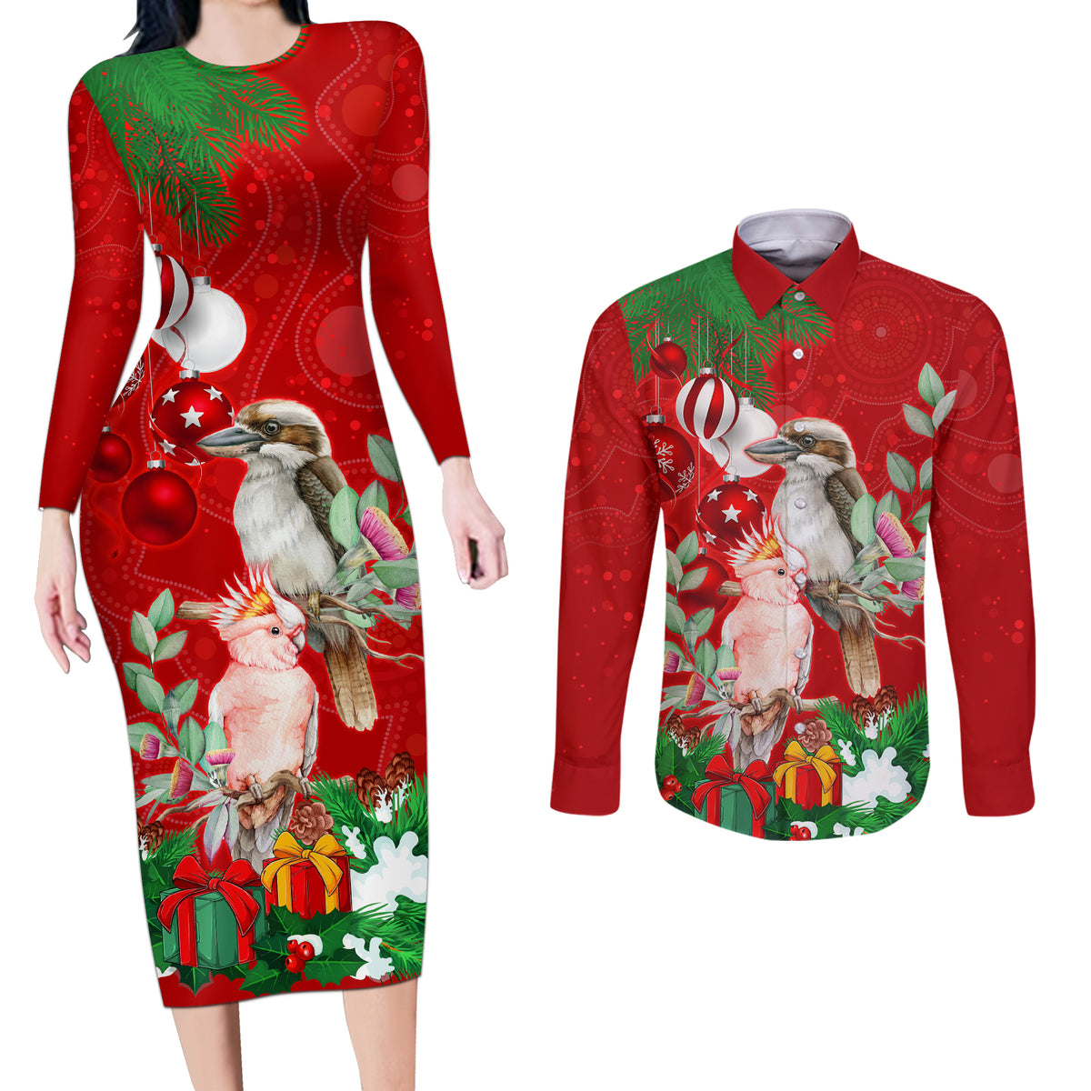 kookaburra-lover-couples-matching-long-sleeve-bodycon-dress-and-long-sleeve-button-shirt-australia-koalaty-merry-christmas-aboriginal
