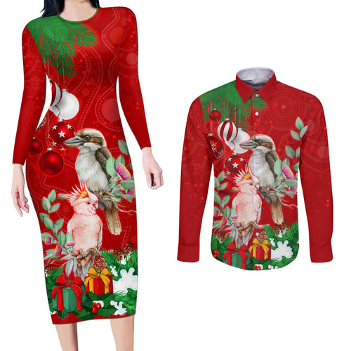 kookaburra-lover-couples-matching-long-sleeve-bodycon-dress-and-long-sleeve-button-shirt-australia-koalaty-merry-christmas-aboriginal