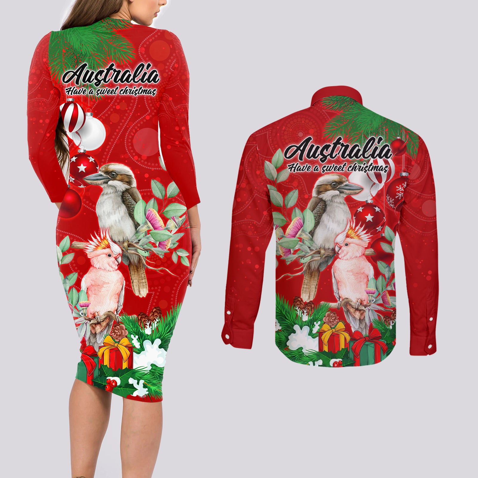 kookaburra-lover-couples-matching-long-sleeve-bodycon-dress-and-long-sleeve-button-shirt-australia-koalaty-merry-christmas-aboriginal
