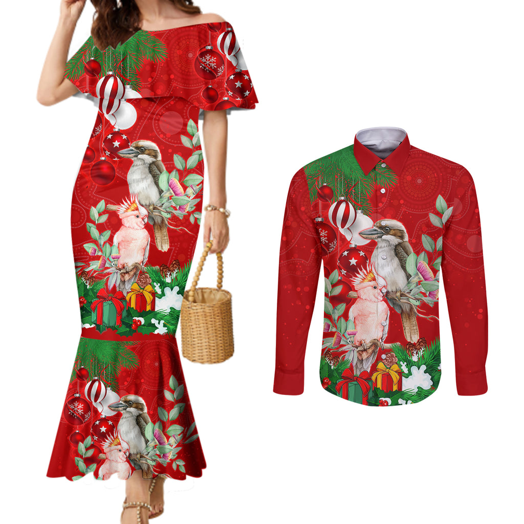 kookaburra-lover-couples-matching-mermaid-dress-and-long-sleeve-button-shirt-australia-koalaty-merry-christmas-aboriginal