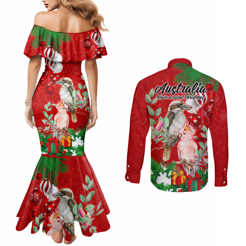 kookaburra-lover-couples-matching-mermaid-dress-and-long-sleeve-button-shirt-australia-koalaty-merry-christmas-aboriginal