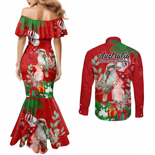 kookaburra-lover-couples-matching-mermaid-dress-and-long-sleeve-button-shirt-australia-koalaty-merry-christmas-aboriginal