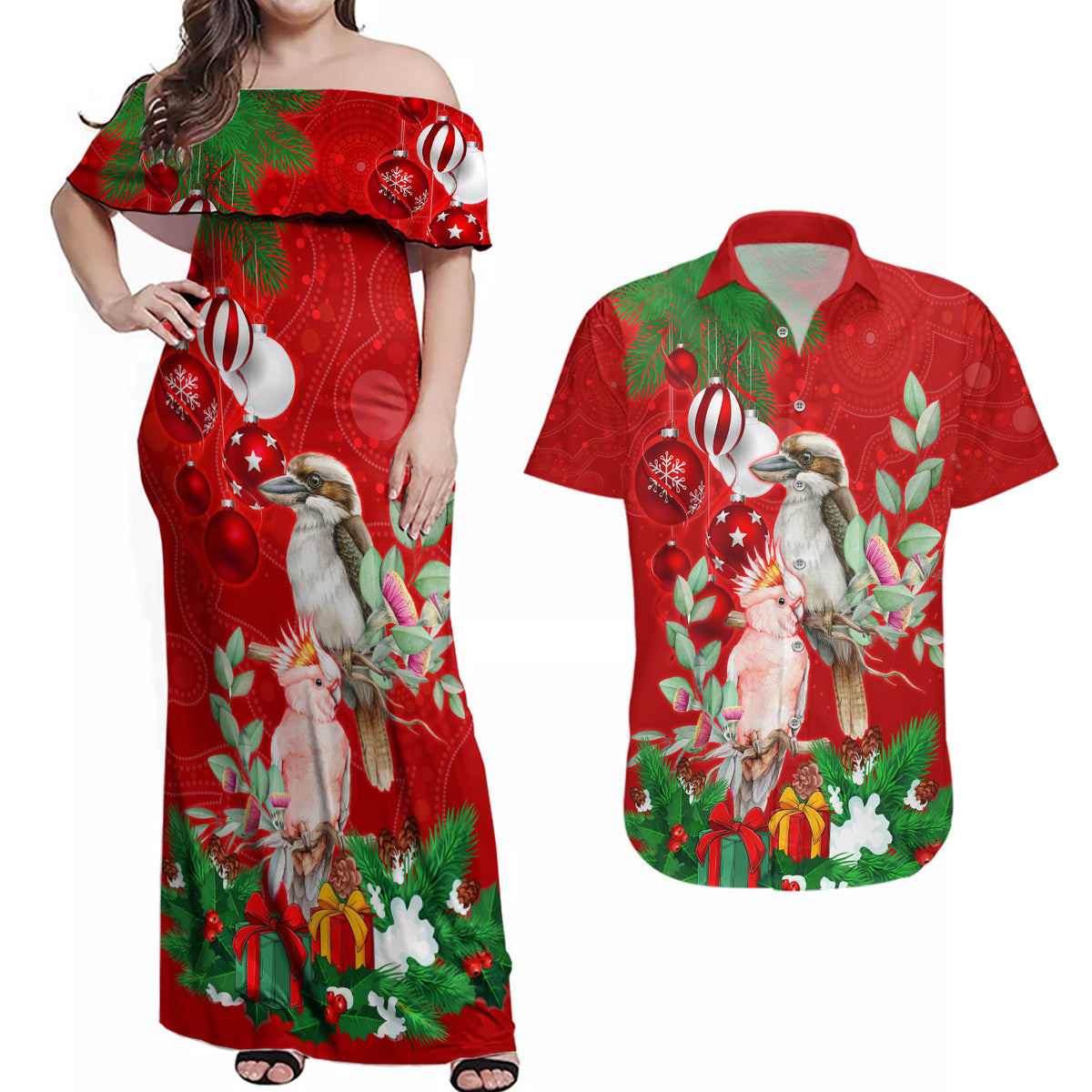 kookaburra-lover-couples-matching-off-shoulder-maxi-dress-and-hawaiian-shirt-australia-koalaty-merry-christmas-aboriginal