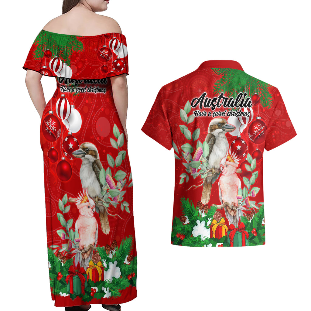 kookaburra-lover-couples-matching-off-shoulder-maxi-dress-and-hawaiian-shirt-australia-koalaty-merry-christmas-aboriginal