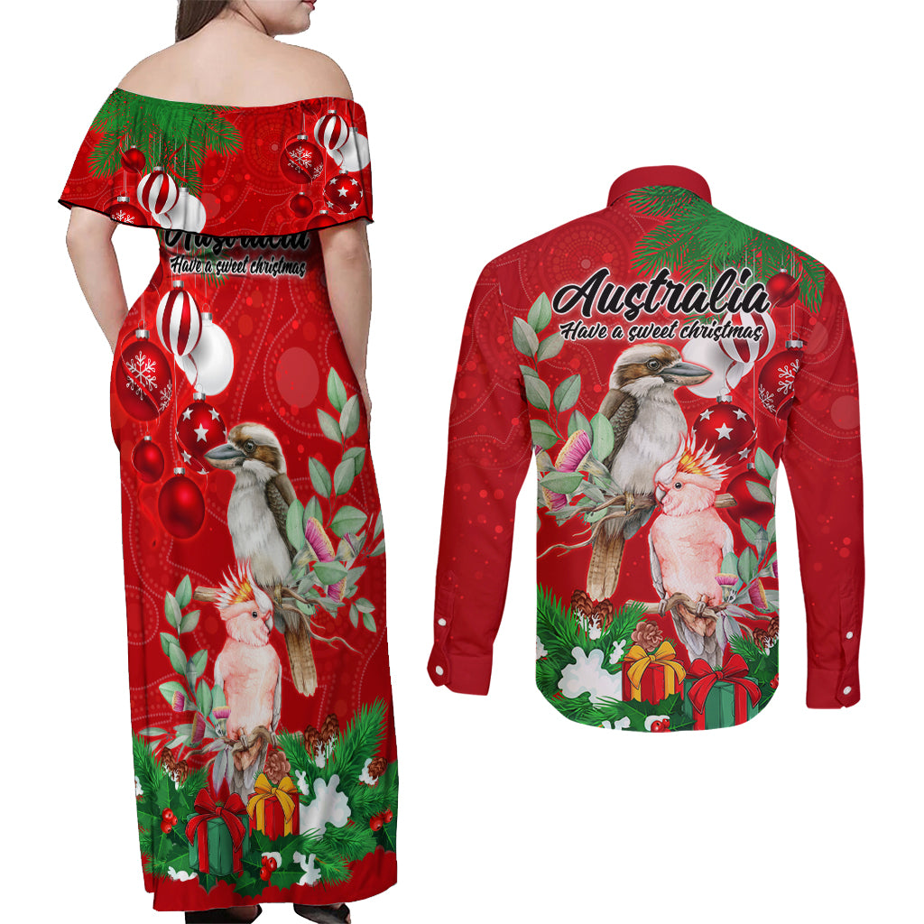 kookaburra-lover-couples-matching-off-shoulder-maxi-dress-and-long-sleeve-button-shirt-australia-koalaty-merry-christmas-aboriginal