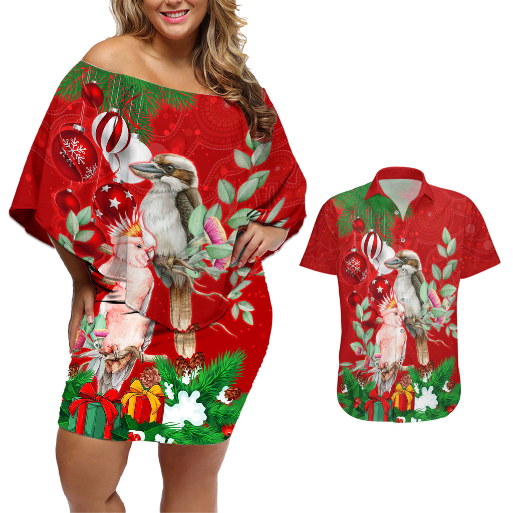kookaburra-lover-couples-matching-off-shoulder-short-dress-and-hawaiian-shirt-australia-koalaty-merry-christmas-aboriginal