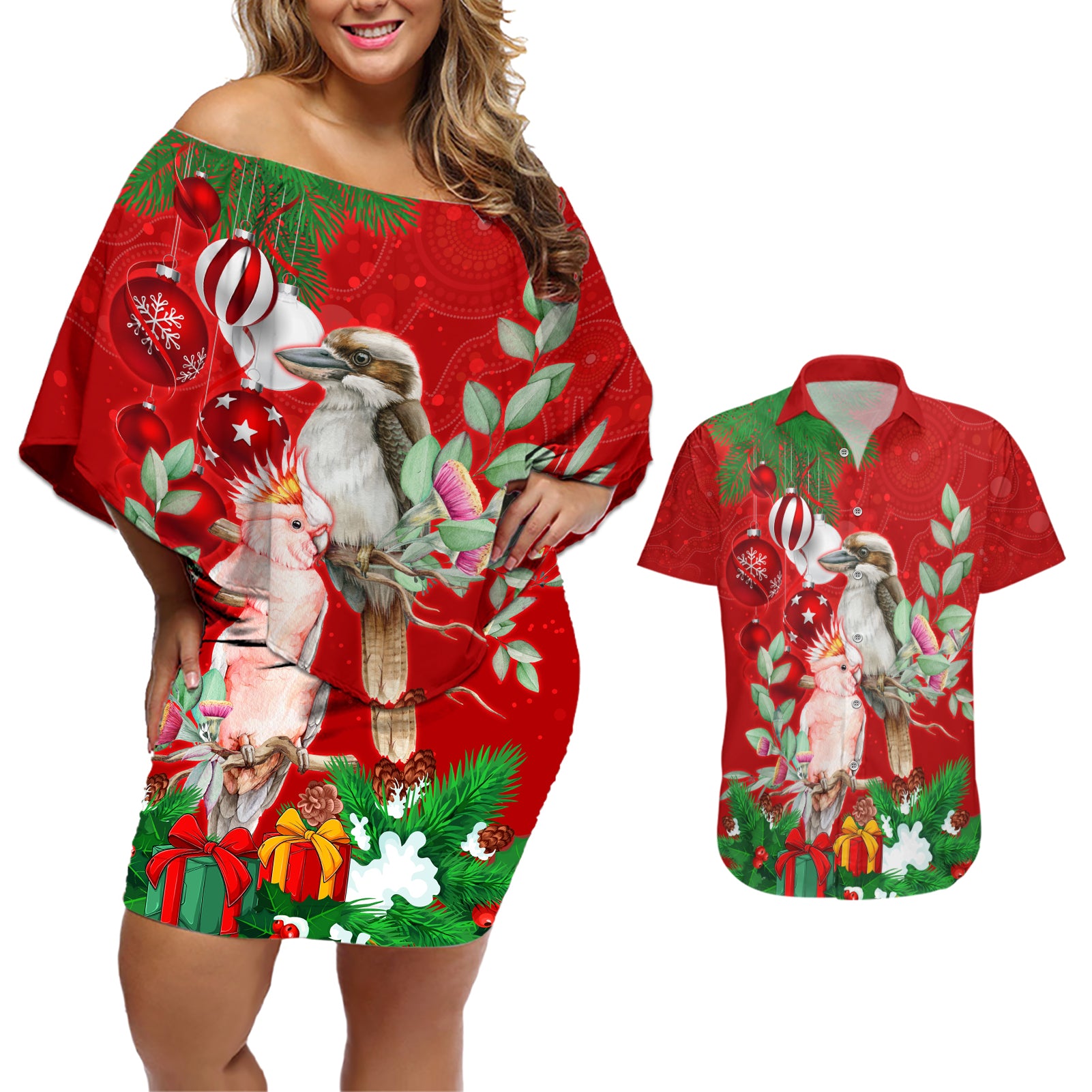 kookaburra-lover-couples-matching-off-shoulder-short-dress-and-hawaiian-shirt-australia-koalaty-merry-christmas-aboriginal