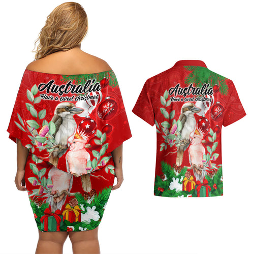 kookaburra-lover-couples-matching-off-shoulder-short-dress-and-hawaiian-shirt-australia-koalaty-merry-christmas-aboriginal
