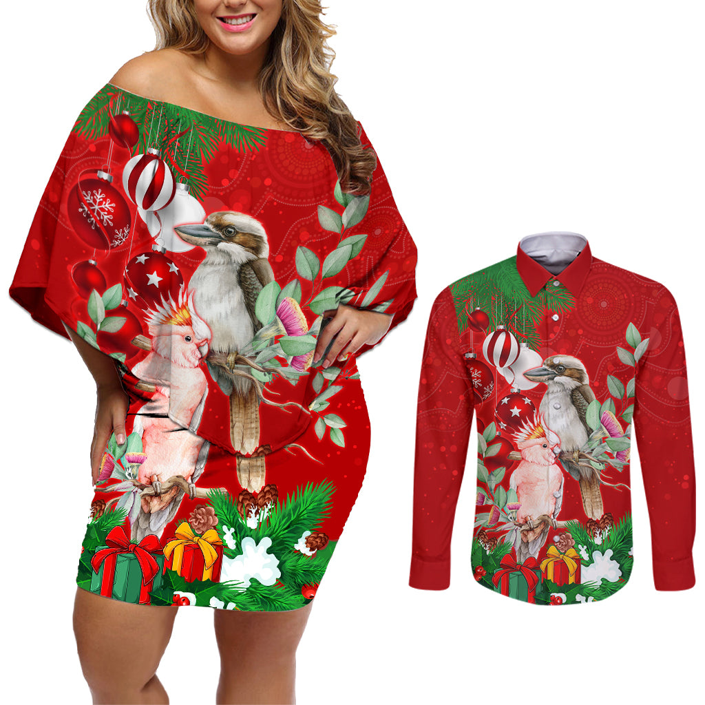 kookaburra-lover-couples-matching-off-shoulder-short-dress-and-long-sleeve-button-shirt-australia-koalaty-merry-christmas-aboriginal