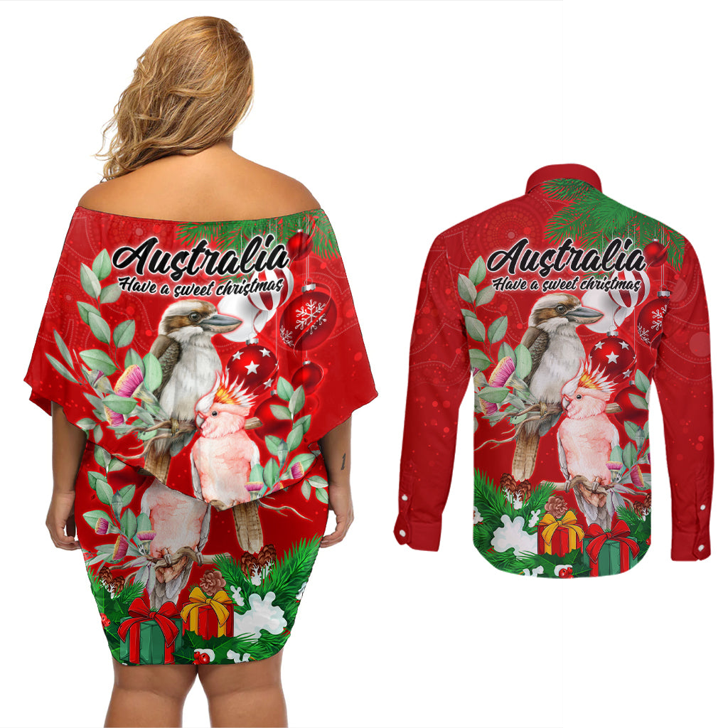 kookaburra-lover-couples-matching-off-shoulder-short-dress-and-long-sleeve-button-shirt-australia-koalaty-merry-christmas-aboriginal