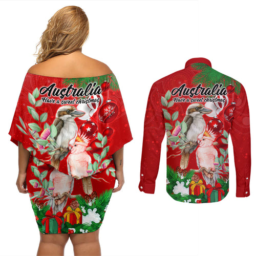 kookaburra-lover-couples-matching-off-shoulder-short-dress-and-long-sleeve-button-shirt-australia-koalaty-merry-christmas-aboriginal