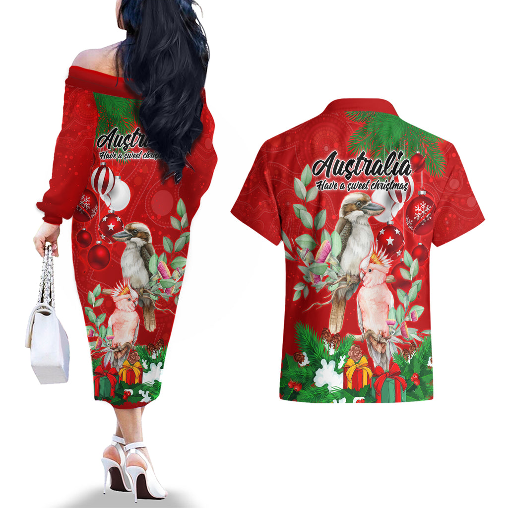kookaburra-lover-couples-matching-off-the-shoulder-long-sleeve-dress-and-hawaiian-shirt-australia-koalaty-merry-christmas-aboriginal