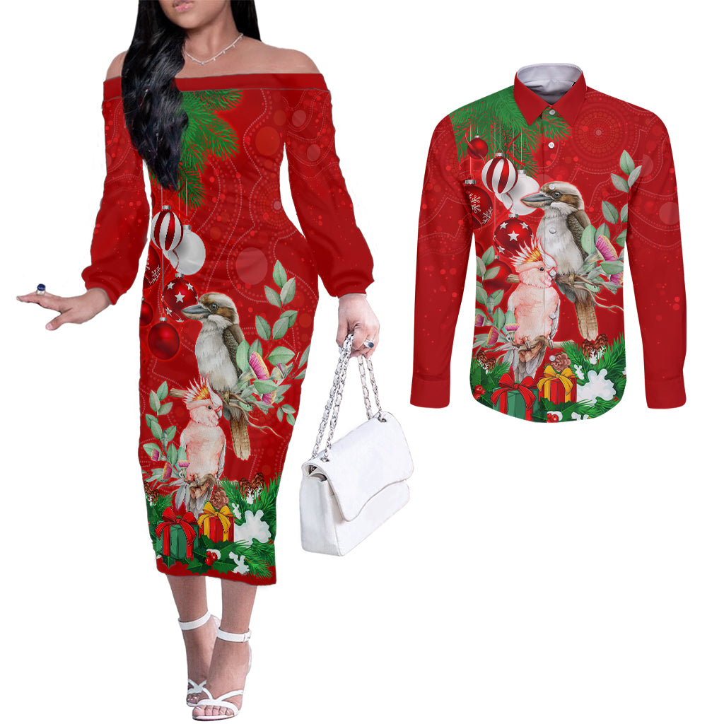 kookaburra-lover-couples-matching-off-the-shoulder-long-sleeve-dress-and-long-sleeve-button-shirt-australia-koalaty-merry-christmas-aboriginal