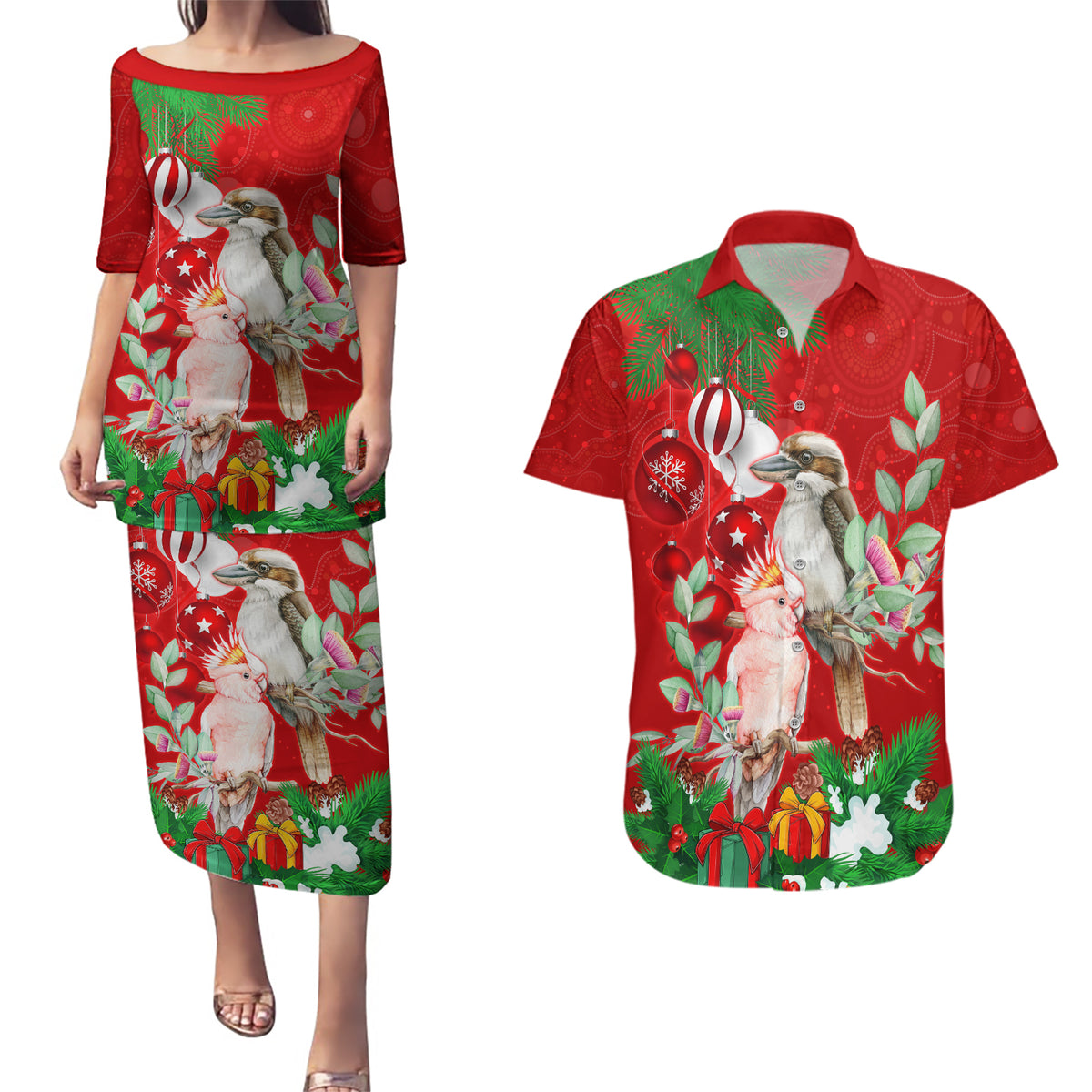 kookaburra-lover-couples-matching-puletasi-dress-and-hawaiian-shirt-australia-koalaty-merry-christmas-aboriginal