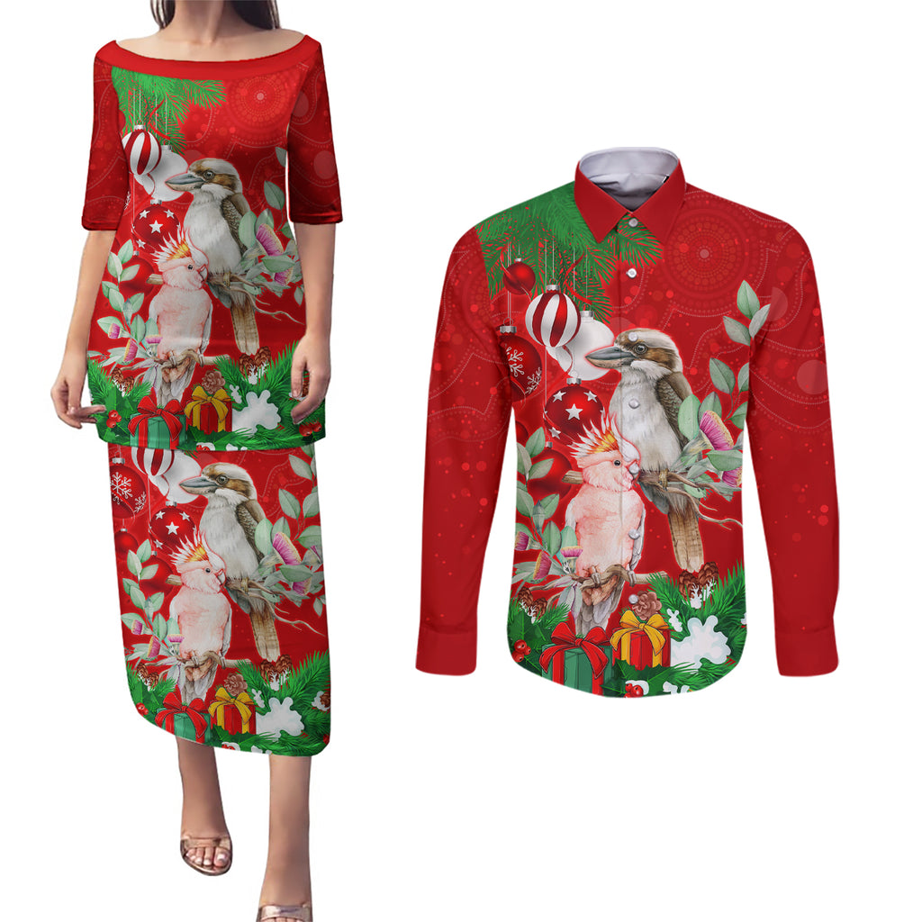 kookaburra-lover-couples-matching-puletasi-dress-and-long-sleeve-button-shirt-australia-koalaty-merry-christmas-aboriginal