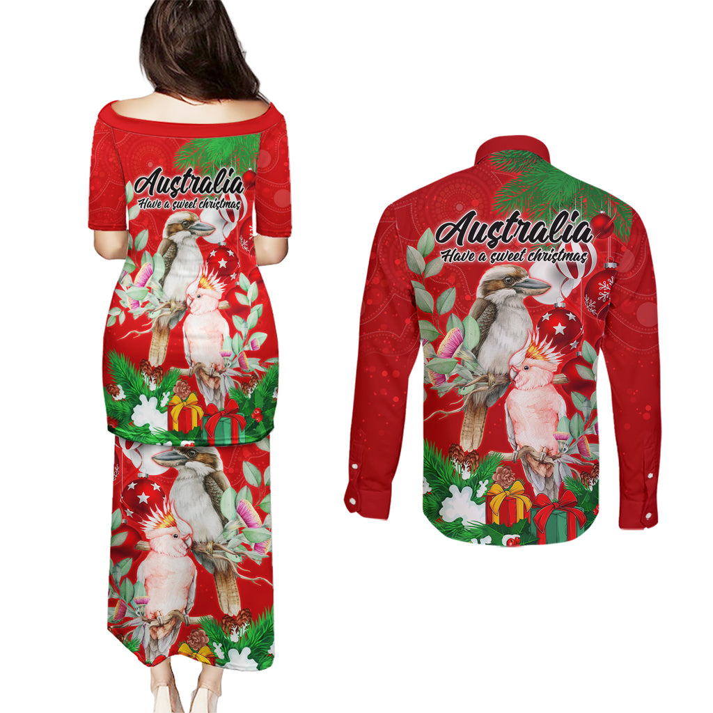 kookaburra-lover-couples-matching-puletasi-dress-and-long-sleeve-button-shirt-australia-koalaty-merry-christmas-aboriginal