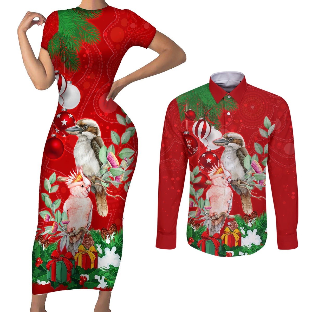 kookaburra-lover-couples-matching-short-sleeve-bodycon-dress-and-long-sleeve-button-shirt-australia-koalaty-merry-christmas-aboriginal