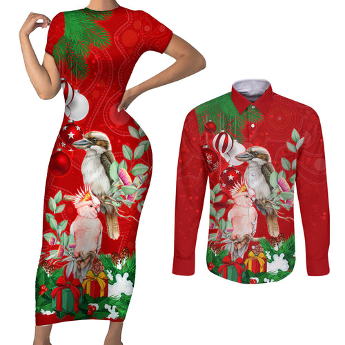kookaburra-lover-couples-matching-short-sleeve-bodycon-dress-and-long-sleeve-button-shirt-australia-koalaty-merry-christmas-aboriginal