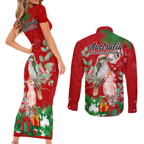 kookaburra-lover-couples-matching-short-sleeve-bodycon-dress-and-long-sleeve-button-shirt-australia-koalaty-merry-christmas-aboriginal