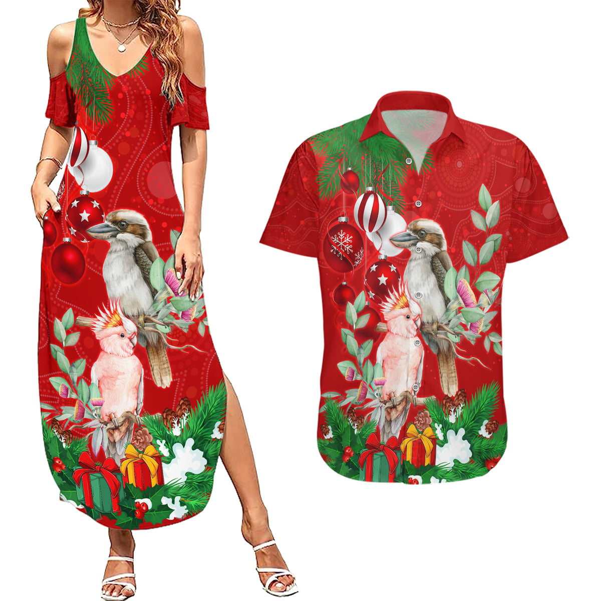 kookaburra-lover-couples-matching-summer-maxi-dress-and-hawaiian-shirt-australia-koalaty-merry-christmas-aboriginal