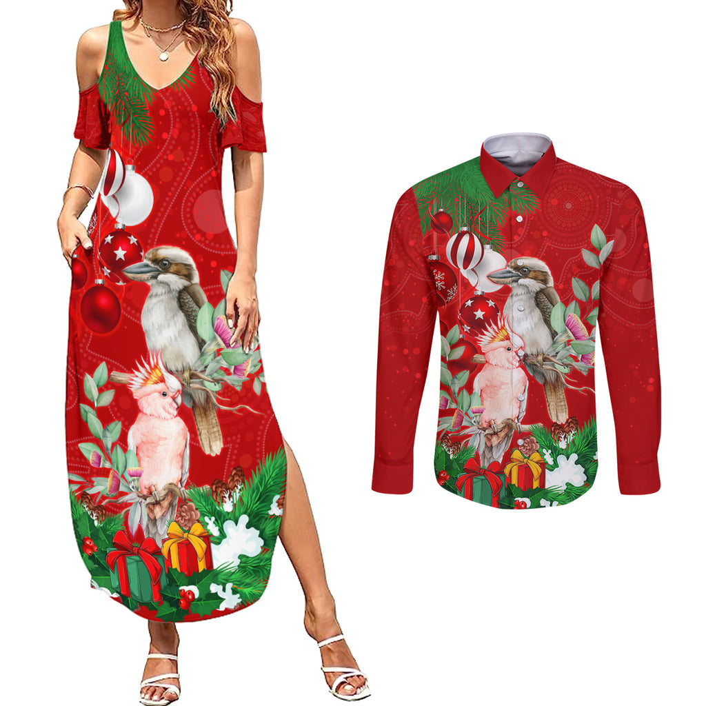 kookaburra-lover-couples-matching-summer-maxi-dress-and-long-sleeve-button-shirt-australia-koalaty-merry-christmas-aboriginal