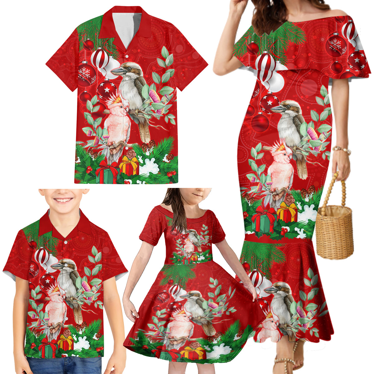 kookaburra-lover-family-matching-mermaid-dress-and-hawaiian-shirt-australia-koalaty-merry-christmas-aboriginal