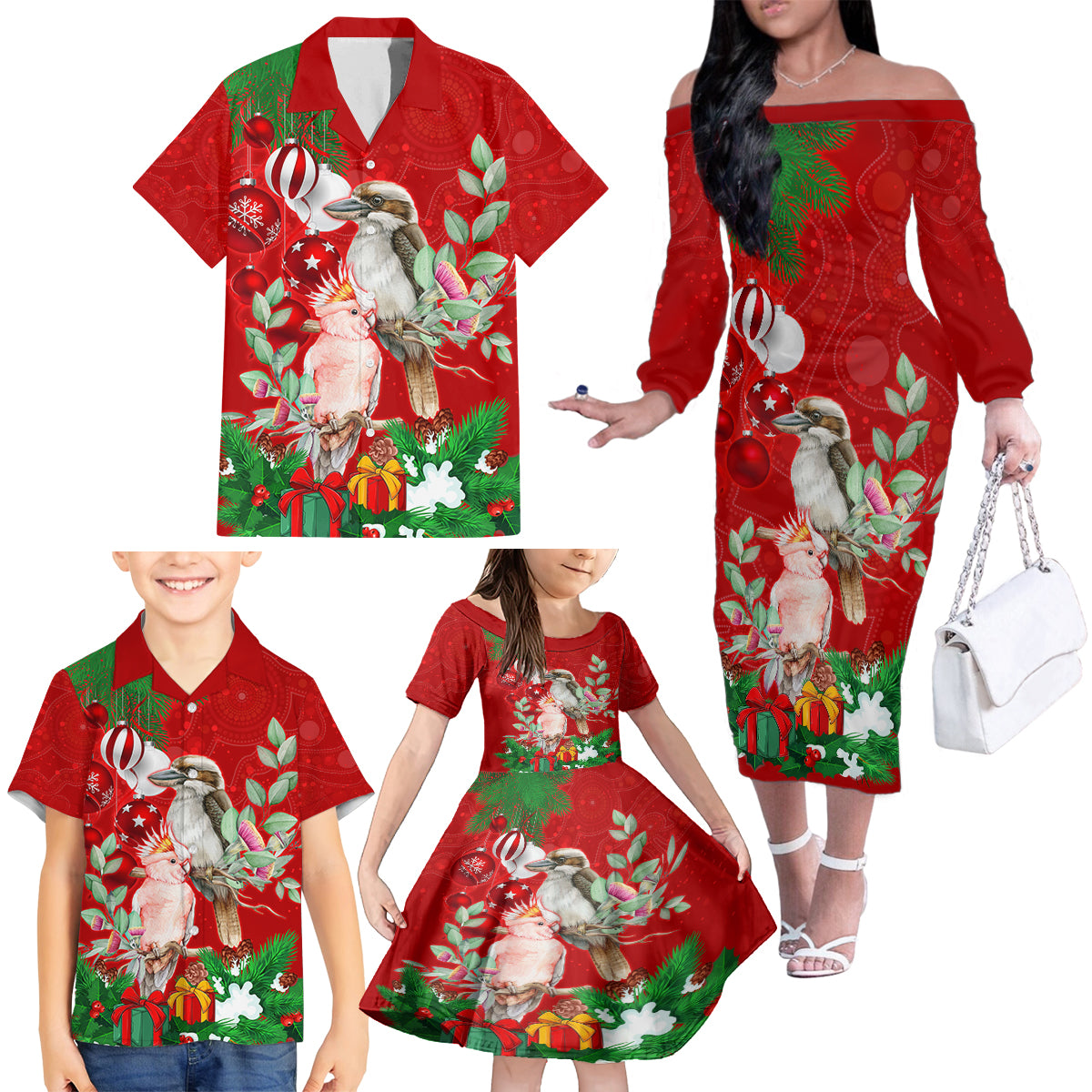 kookaburra-lover-family-matching-off-shoulder-long-sleeve-dress-and-hawaiian-shirt-australia-koalaty-merry-christmas-aboriginal