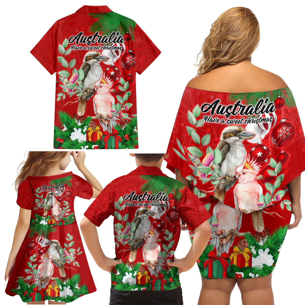 kookaburra-lover-family-matching-off-shoulder-short-dress-and-hawaiian-shirt-australia-koalaty-merry-christmas-aboriginal
