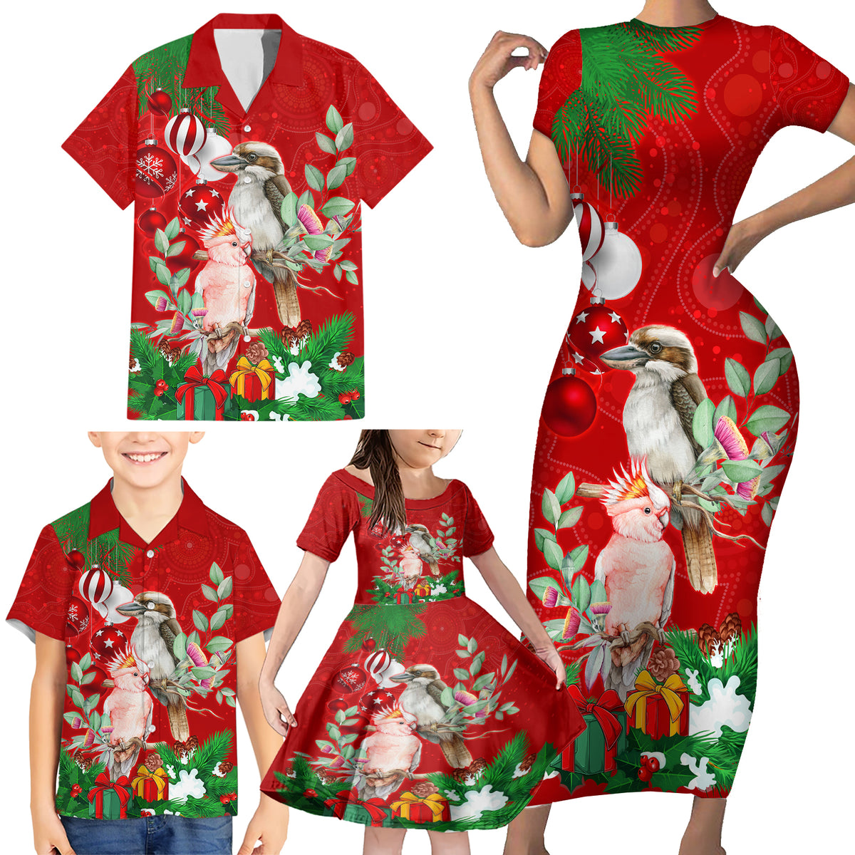 kookaburra-lover-family-matching-short-sleeve-bodycon-dress-and-hawaiian-shirt-australia-koalaty-merry-christmas-aboriginal