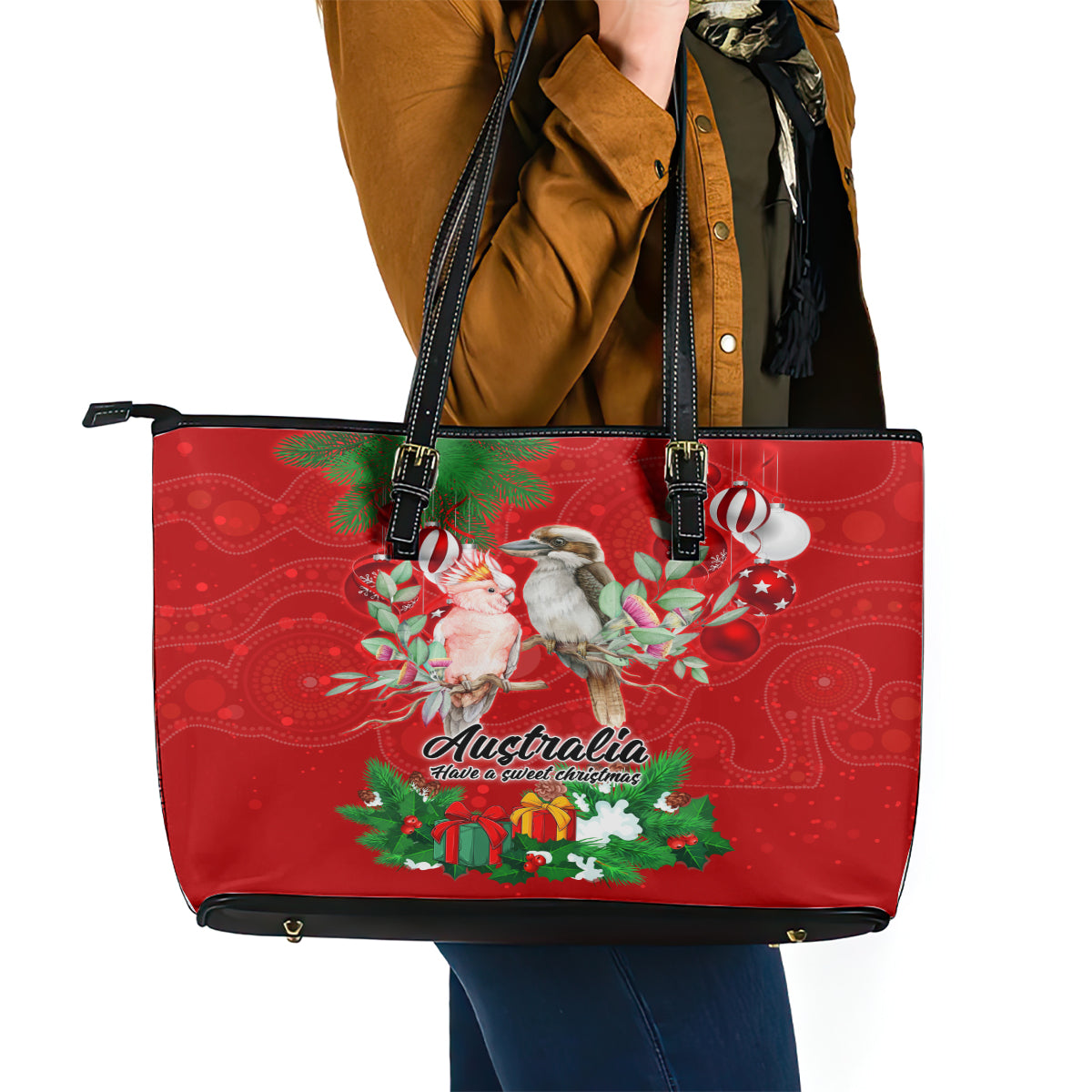 kookaburra-lover-leather-tote-bag-australia-koalaty-merry-christmas-aboriginal
