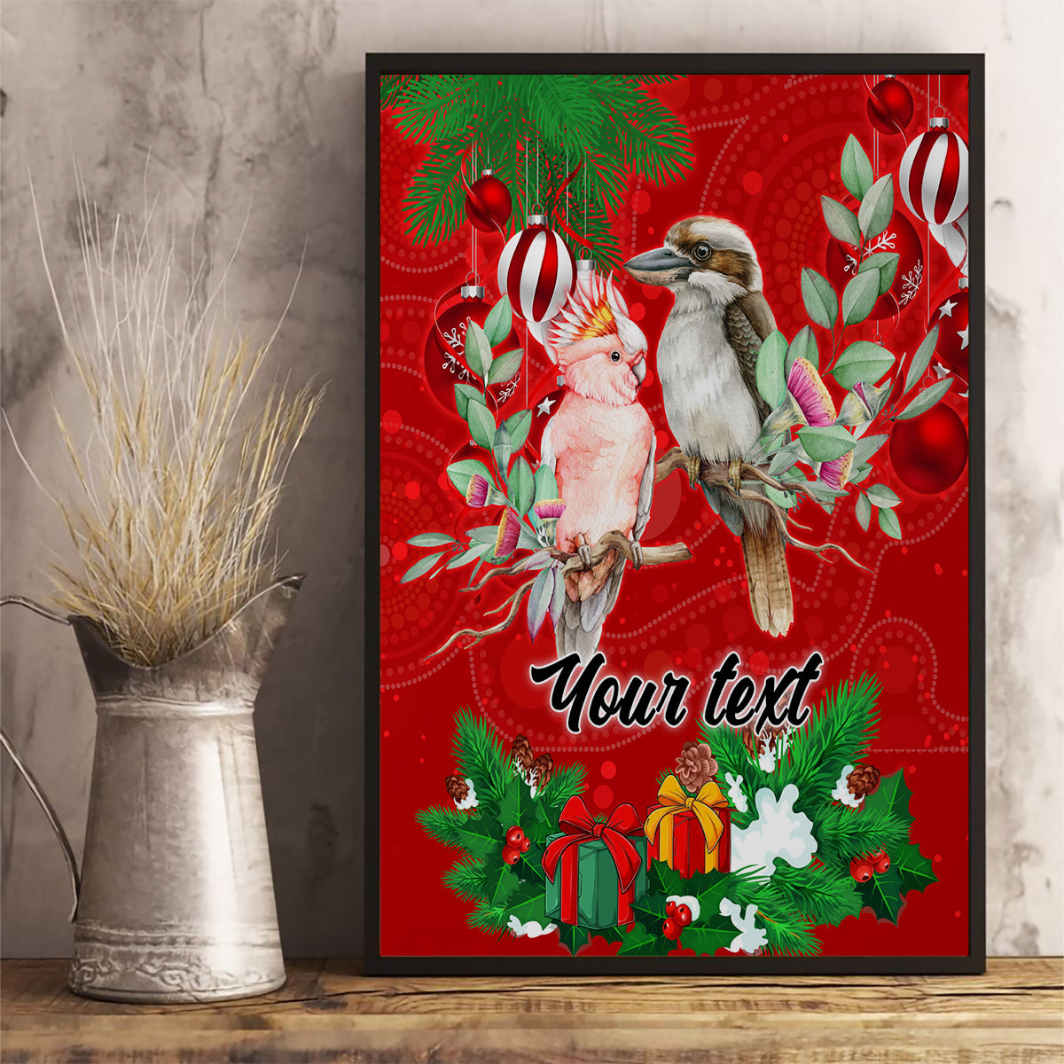 personalised-kookaburra-lover-canvas-wall-art-australia-merry-christmas-aboriginal-red-style