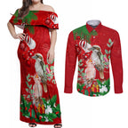 personalised-kookaburra-lover-couples-matching-off-shoulder-maxi-dress-and-long-sleeve-button-shirt-australia-merry-christmas-aboriginal-red-style