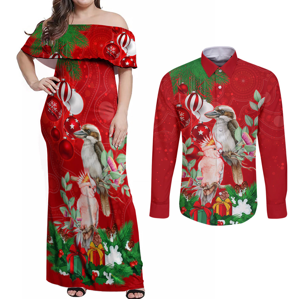 personalised-kookaburra-lover-couples-matching-off-shoulder-maxi-dress-and-long-sleeve-button-shirt-australia-merry-christmas-aboriginal-red-style