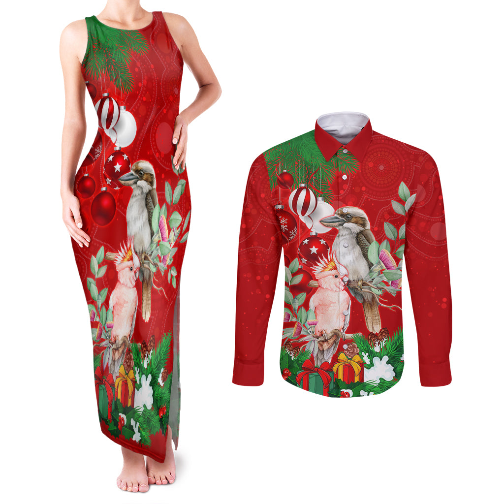 personalised-kookaburra-lover-couples-matching-tank-maxi-dress-and-long-sleeve-button-shirt-australia-merry-christmas-aboriginal-red-style