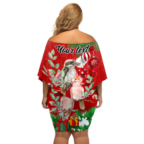personalised-kookaburra-lover-family-matching-off-shoulder-short-dress-and-hawaiian-shirt-australia-merry-christmas-aboriginal-red-style