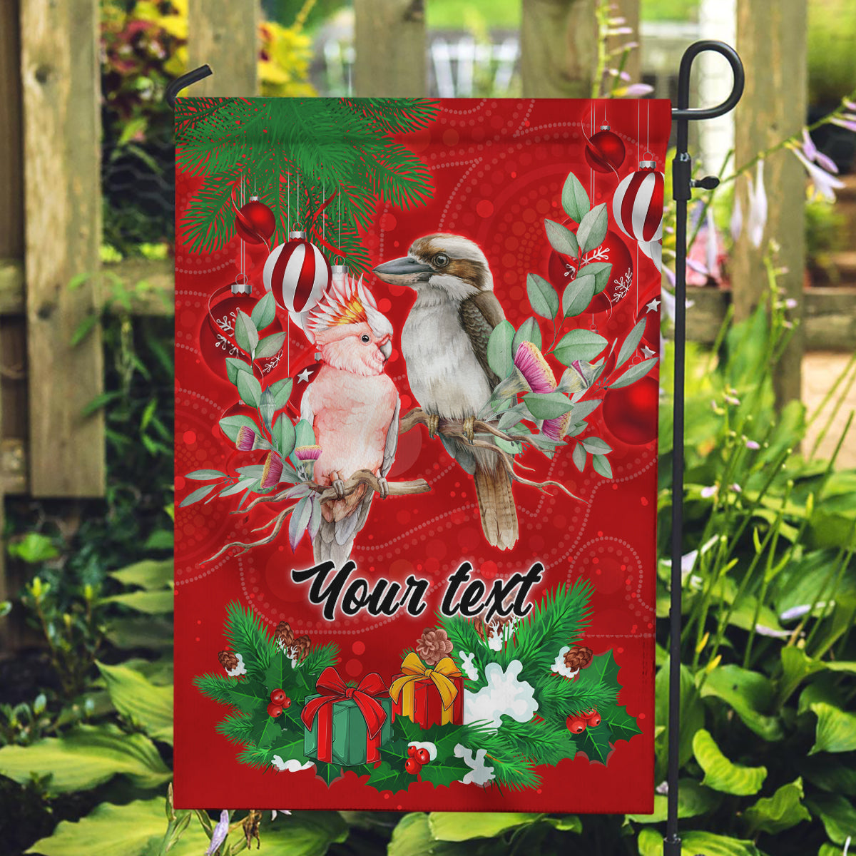 personalised-kookaburra-lover-garden-flag-australia-merry-christmas-aboriginal-red-style