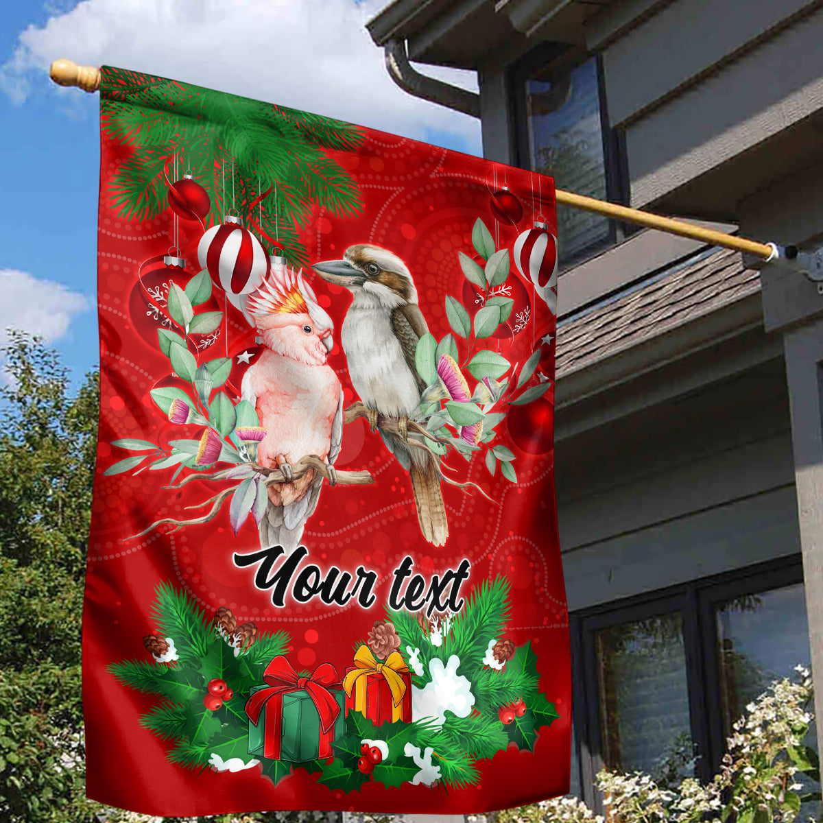 personalised-kookaburra-lover-garden-flag-australia-merry-christmas-aboriginal-red-style