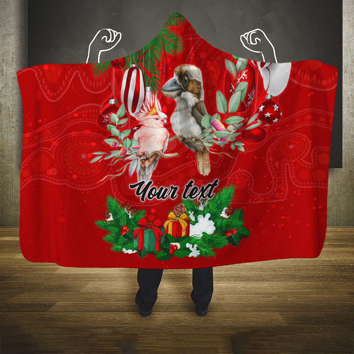 personalised-kookaburra-lover-hooded-blanket-australia-merry-christmas-aboriginal-red-style