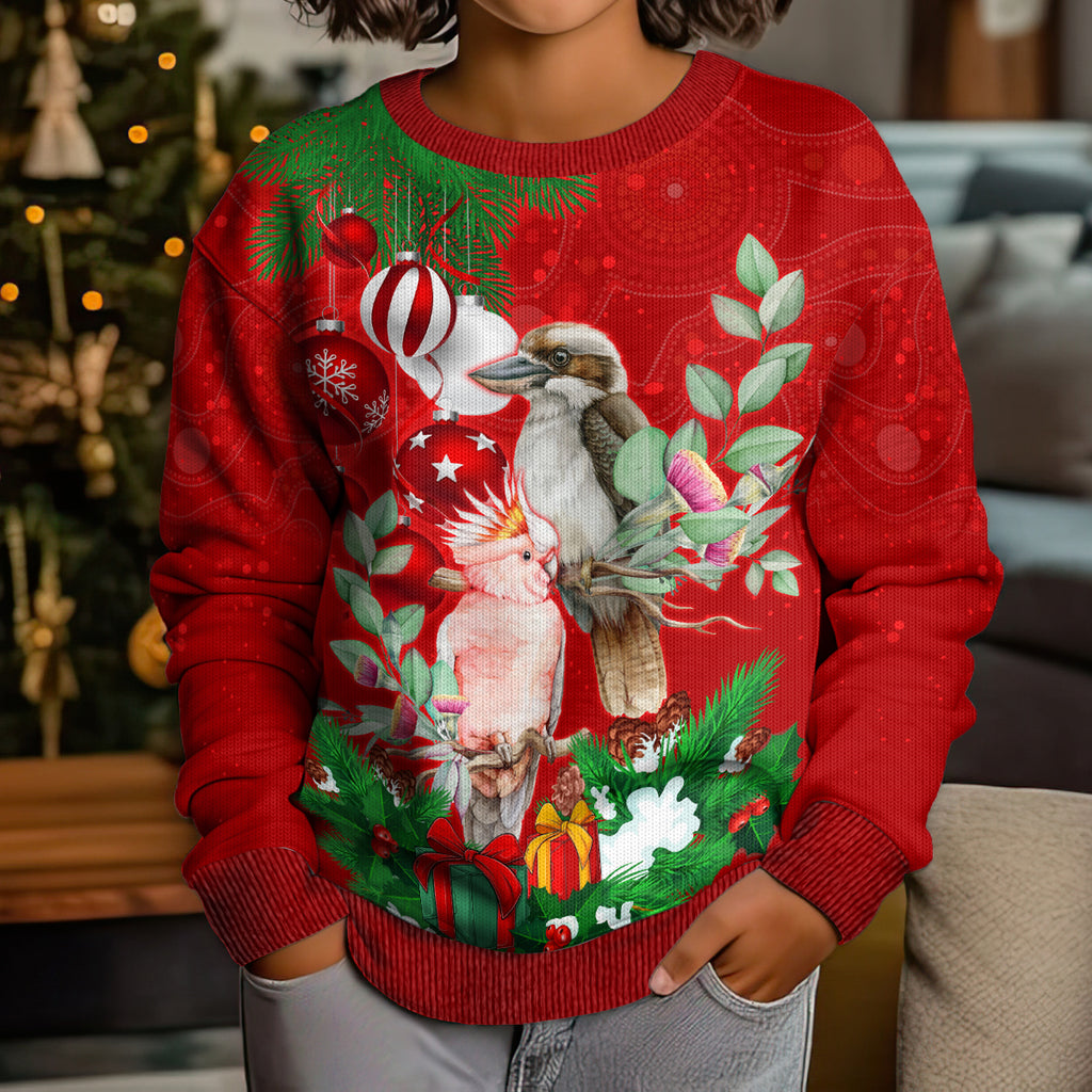 personalised-kookaburra-lover-kid-ugly-christmas-sweater-australia-merry-christmas-aboriginal-red-style