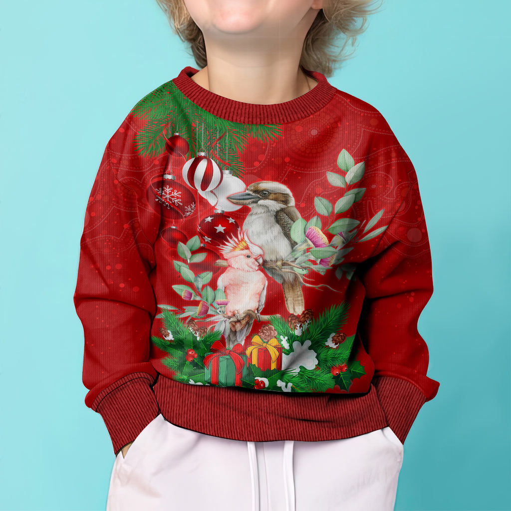 personalised-kookaburra-lover-kid-ugly-christmas-sweater-australia-merry-christmas-aboriginal-red-style