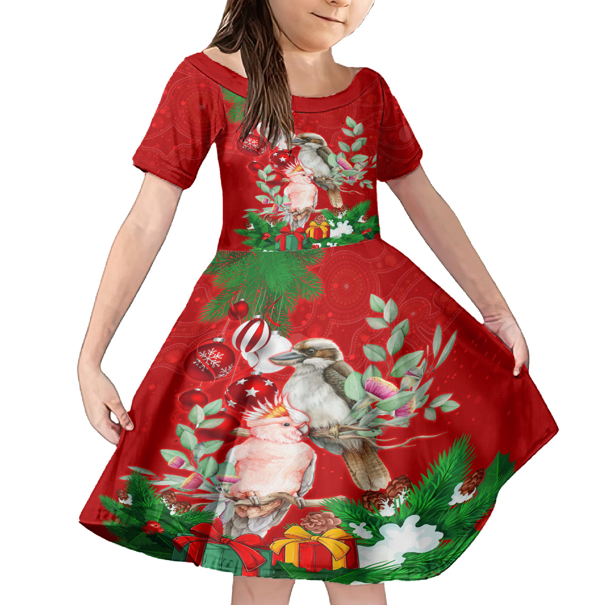 personalised-kookaburra-lover-kid-short-sleeve-dress-australia-merry-christmas-aboriginal-red-style