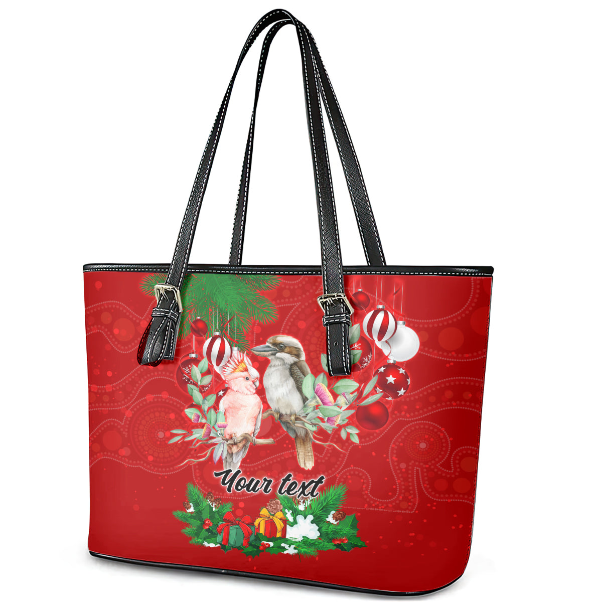 personalised-kookaburra-lover-leather-tote-bag-australia-merry-christmas-aboriginal-red-style