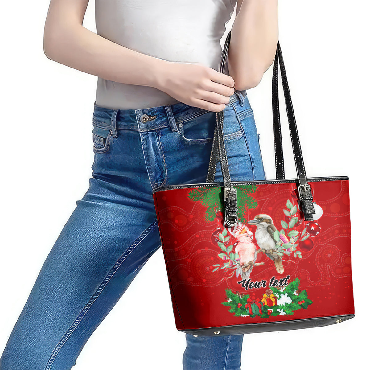 personalised-kookaburra-lover-leather-tote-bag-australia-merry-christmas-aboriginal-red-style