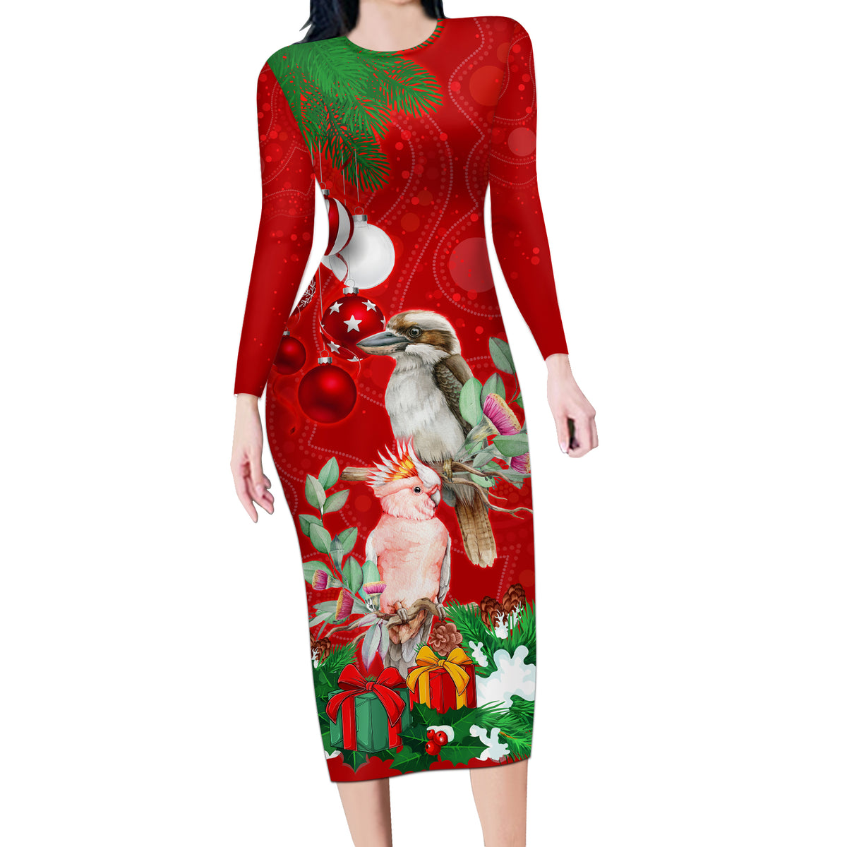 personalised-kookaburra-lover-long-sleeve-bodycon-dress-australia-merry-christmas-aboriginal-red-style