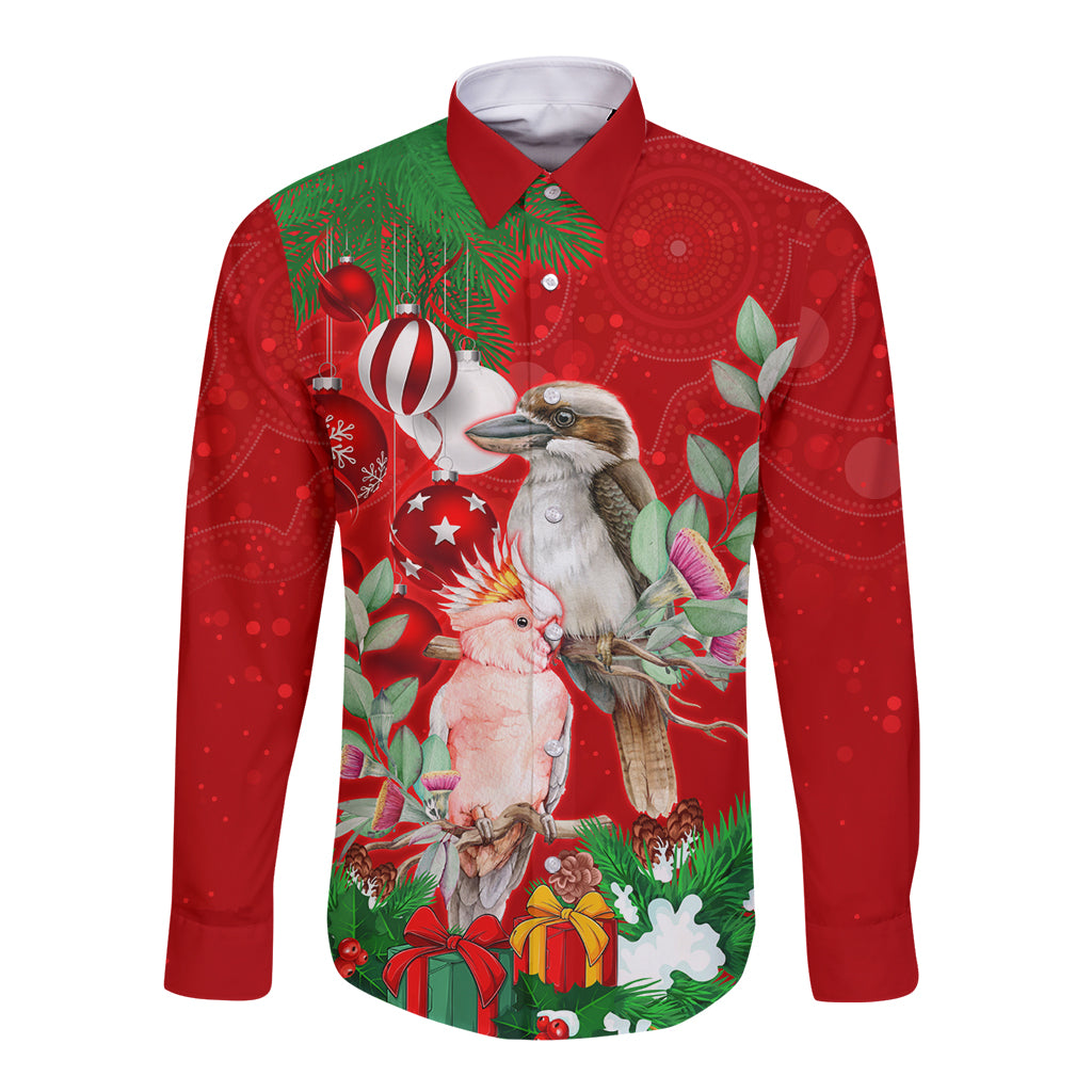 personalised-kookaburra-lover-long-sleeve-button-shirt-australia-merry-christmas-aboriginal-red-style