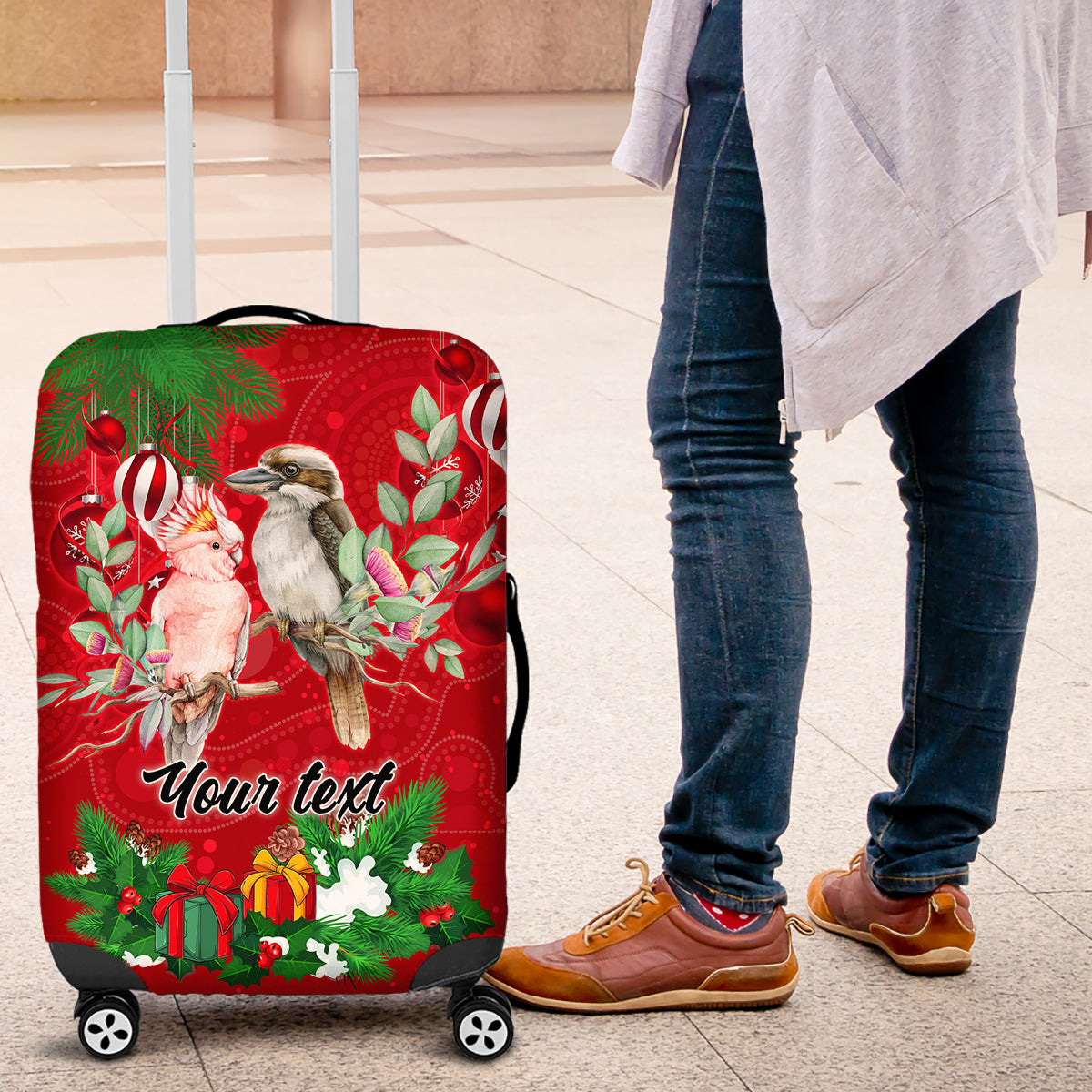 personalised-kookaburra-lover-luggage-cover-australia-merry-christmas-aboriginal-red-style